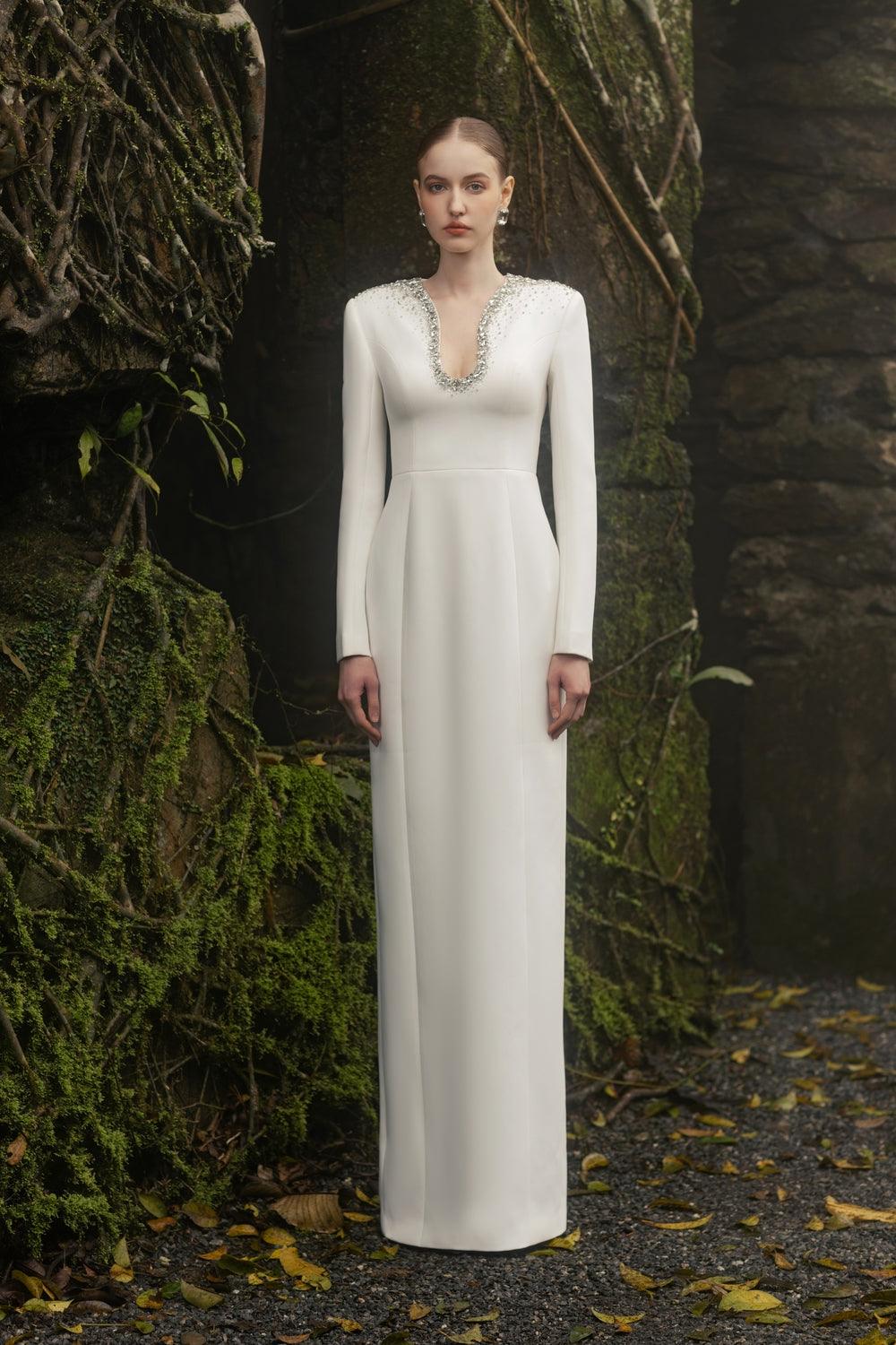 Crystal-Embellished Curved Neck Dress